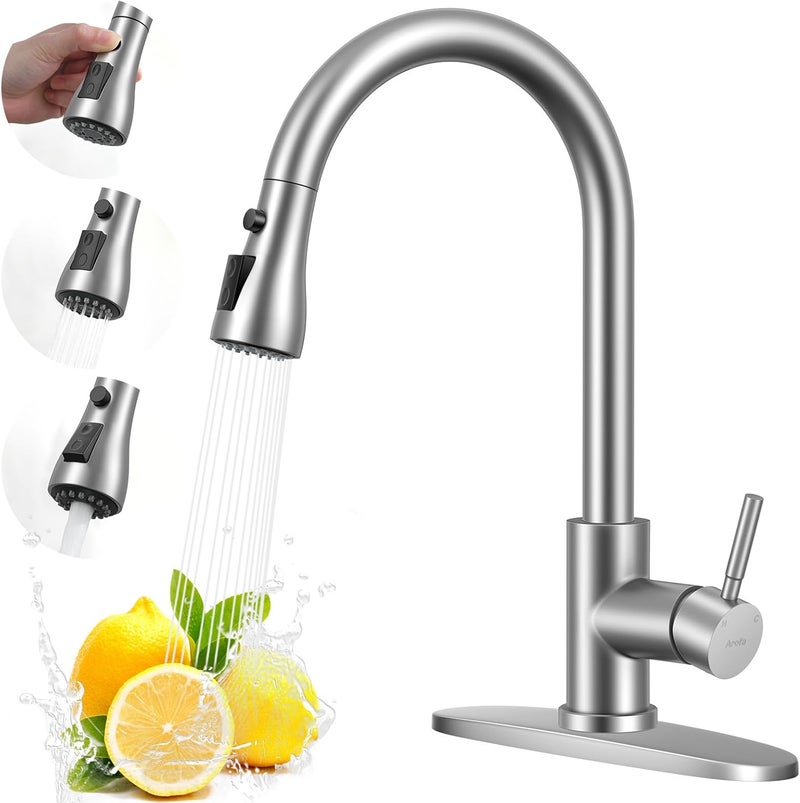 Arofa Kitchen Faucet with Pull Down Sprayer, Brushed Nickel Kitchen Sink Faucet Single Handle Stainless Steel for 1 or 3 Hole Farmhouse Laundry Utility Rv Bar Sinks - Image 1